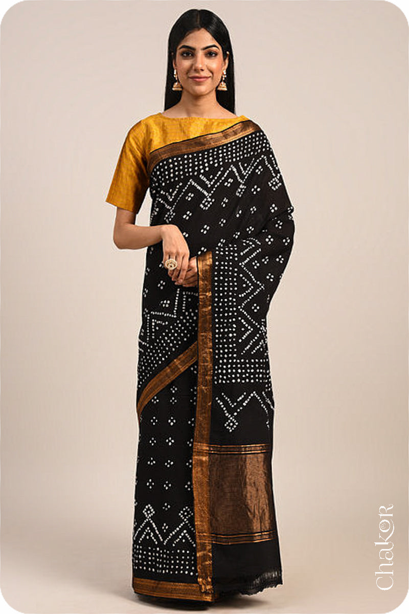 Black Bandhani Mangalgiri Cotton Saree