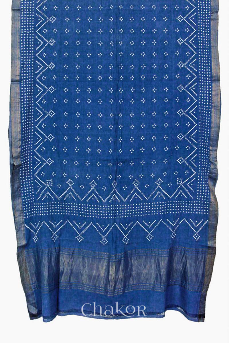 Indigo Blue Traditional Bandhani Mangalgiri Cotton Saree with zari border and pallu by Chakor.