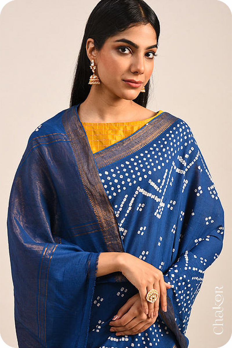 Indigo Blue Traditional Bandhani Mangalgiri Cotton Saree with zari border and pallu by Chakor.