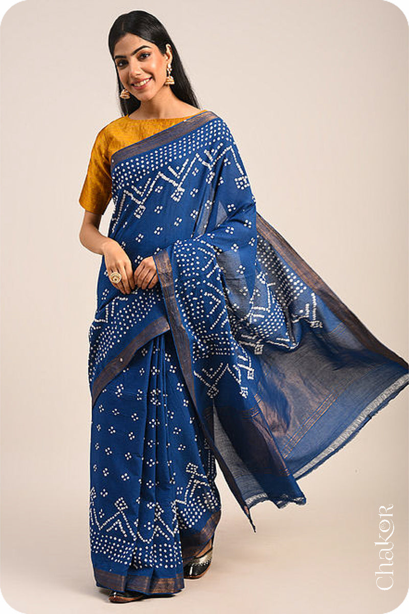 Indigo Blue Traditional Bandhani Mangalgiri Cotton Saree with zari border and pallu by Chakor.