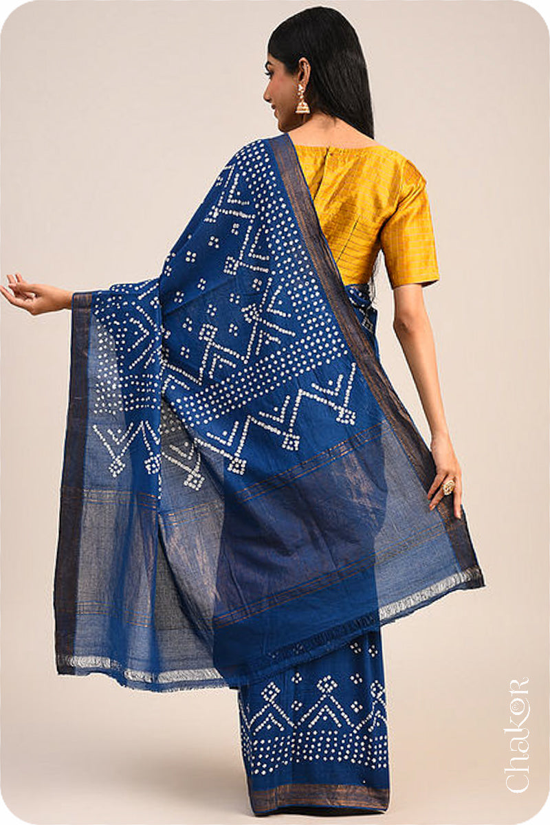 Indigo Blue Traditional Bandhani Mangalgiri Cotton Saree with zari border and pallu by Chakor.