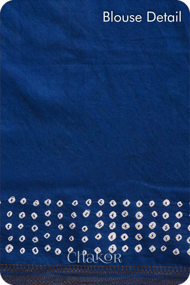 Indigo Blue Traditional Bandhani Mangalgiri Cotton Saree with zari border and pallu by Chakor.