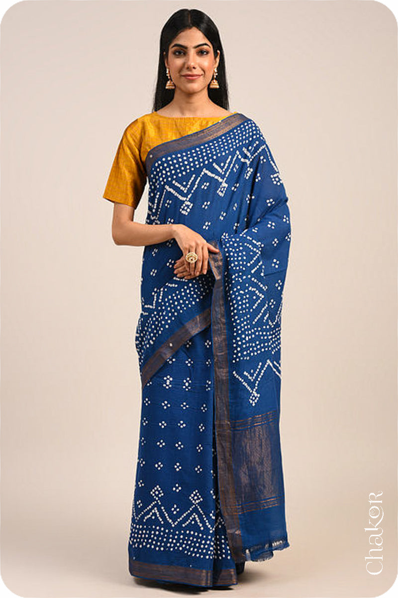 Indigo Blue Traditional Bandhani Mangalgiri Cotton Saree with zari border and pallu by Chakor.