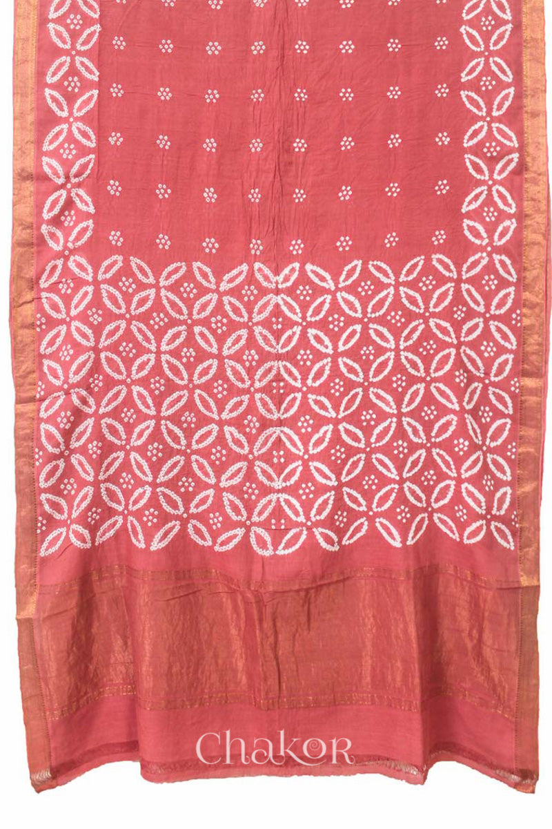 Dusty Red Traditional Bandhani Mangalgiri Cotton Saree with zari border and pallu by Chakor.