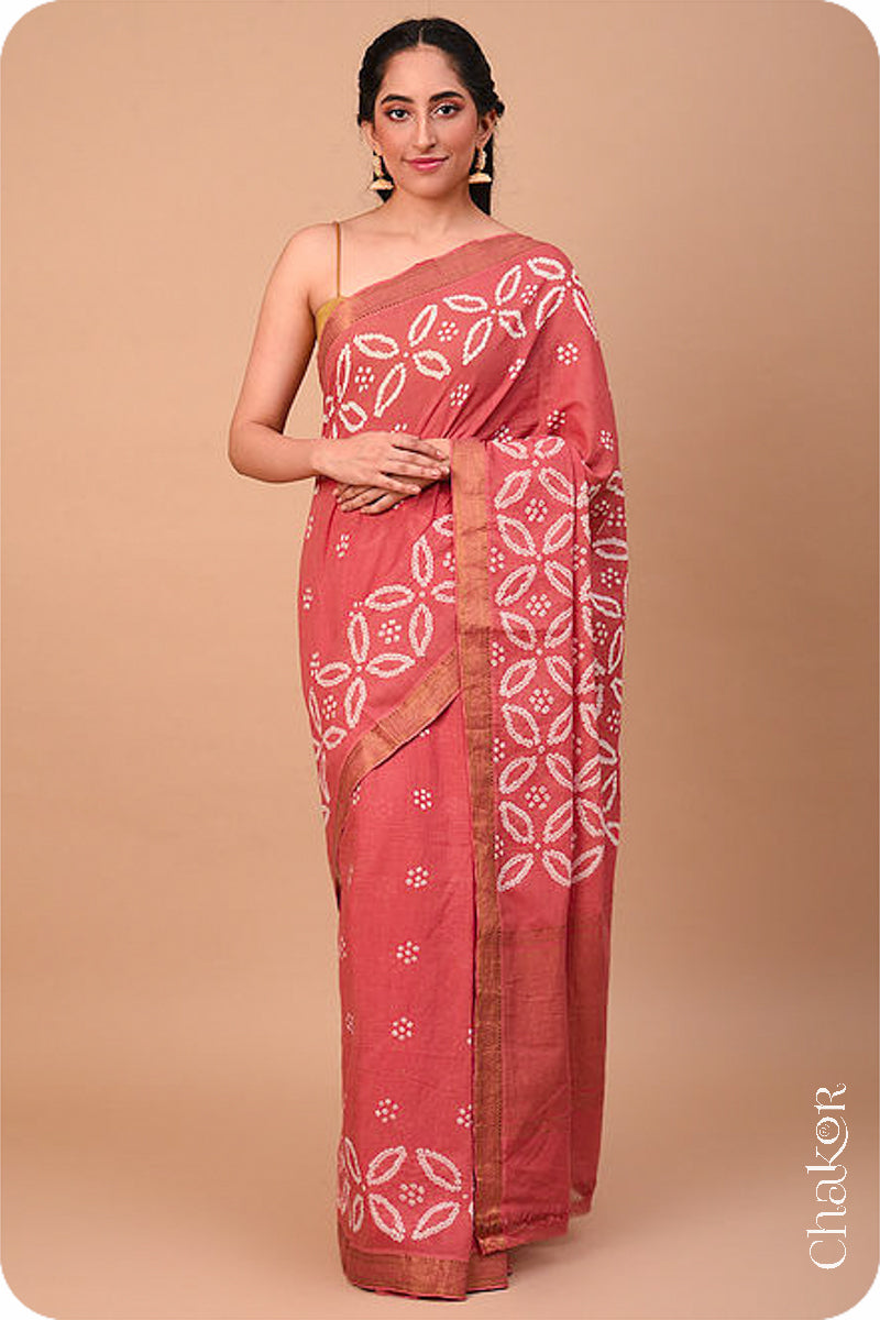 Dusty Red Traditional Bandhani Mangalgiri Cotton Saree with zari border and pallu by Chakor.