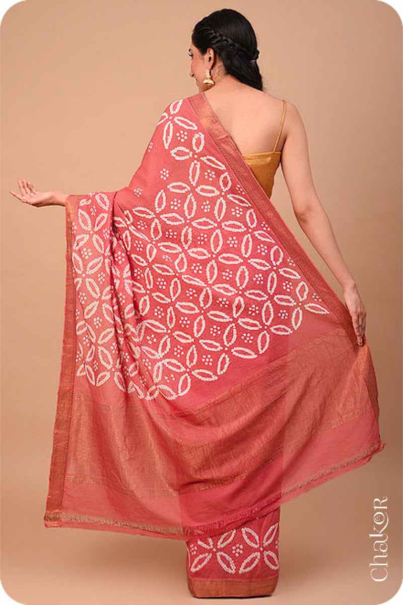 Dusty Red Traditional Bandhani Mangalgiri Cotton Saree with zari border and pallu by Chakor.