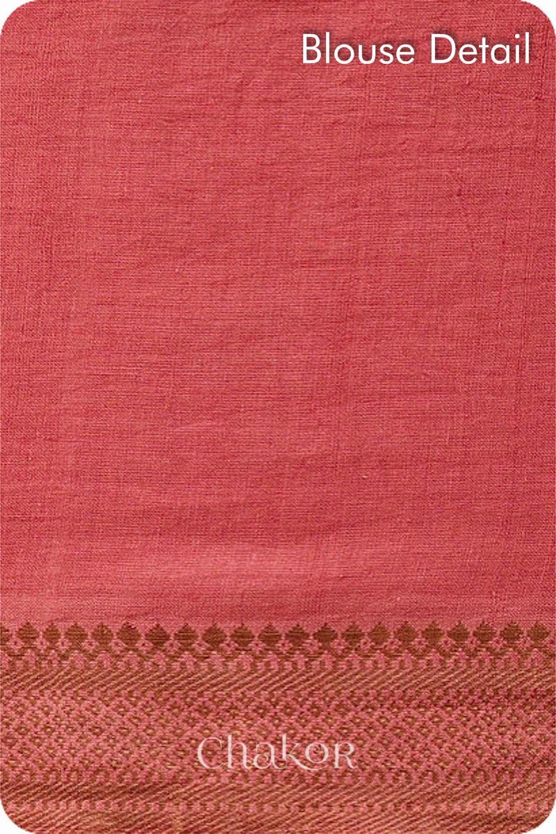 Dusty Red Traditional Bandhani Mangalgiri Cotton Saree with zari border and pallu by Chakor.