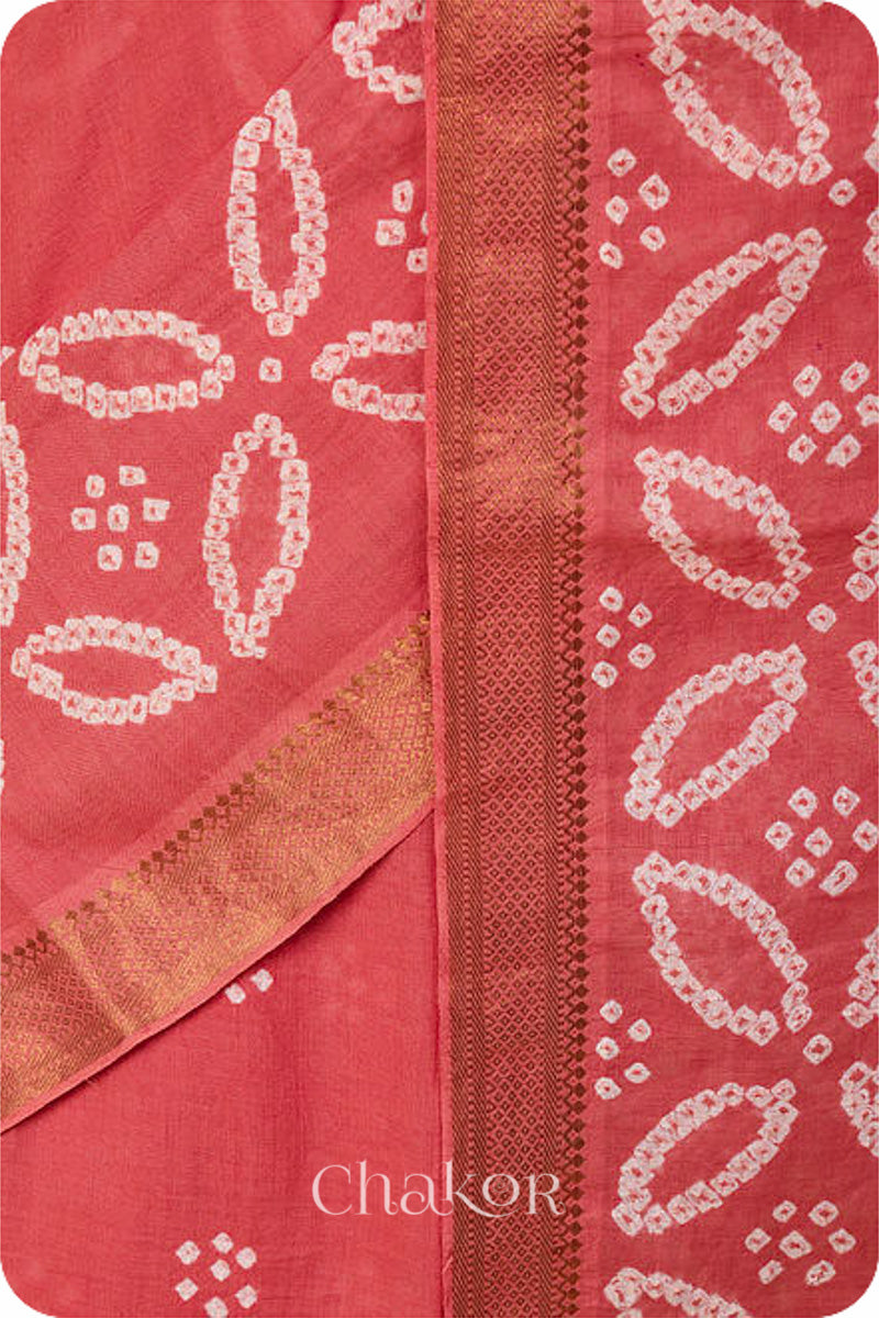 Dusty Red Traditional Bandhani Mangalgiri Cotton Saree with zari border and pallu by Chakor.