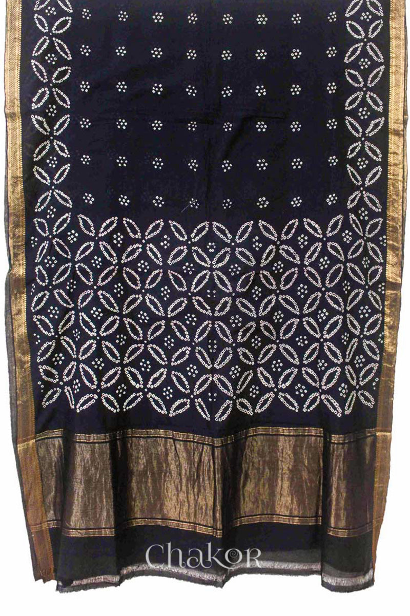 Black Bandhani Mangalgiri Cotton Saree with zari border and pallu by Chakor.