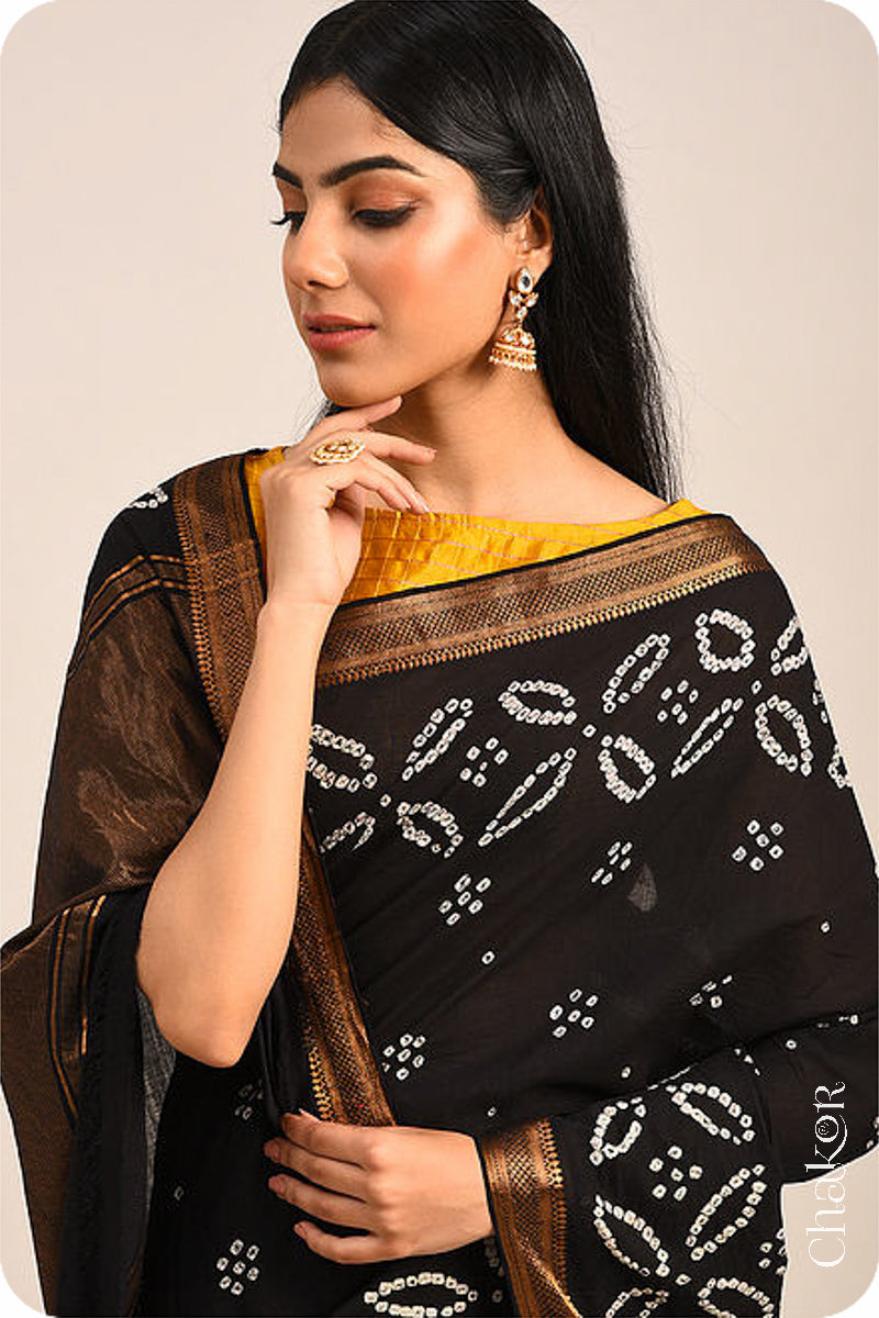 Black Bandhani Mangalgiri Cotton Saree with zari border and pallu by Chakor.