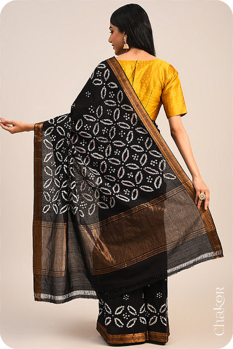 Black Bandhani Mangalgiri Cotton Saree with zari border and pallu by Chakor.