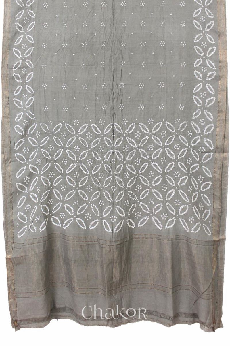 Cement Grey Traditional Bandhani Mangalgiri Cotton Saree with zari border and pallu by Chakor.