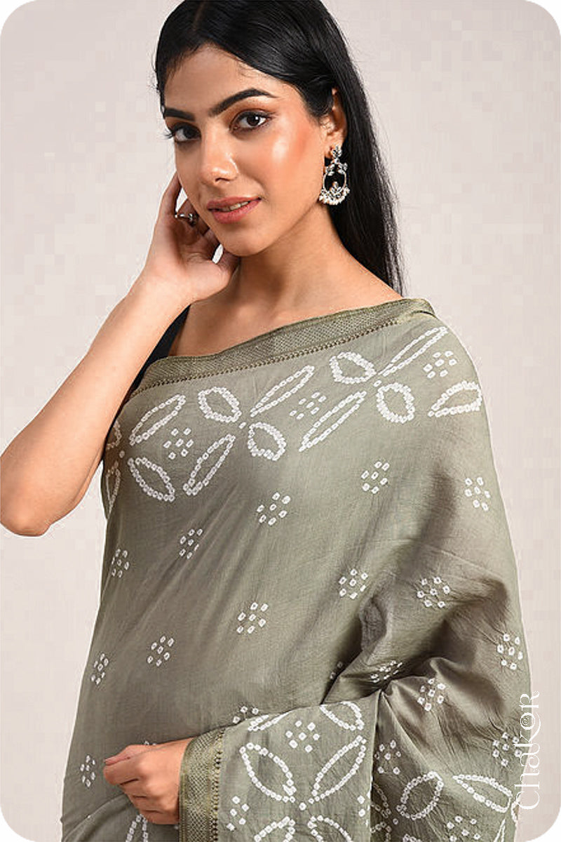 Cement Grey Traditional Bandhani Mangalgiri Cotton Saree with zari border and pallu by Chakor.