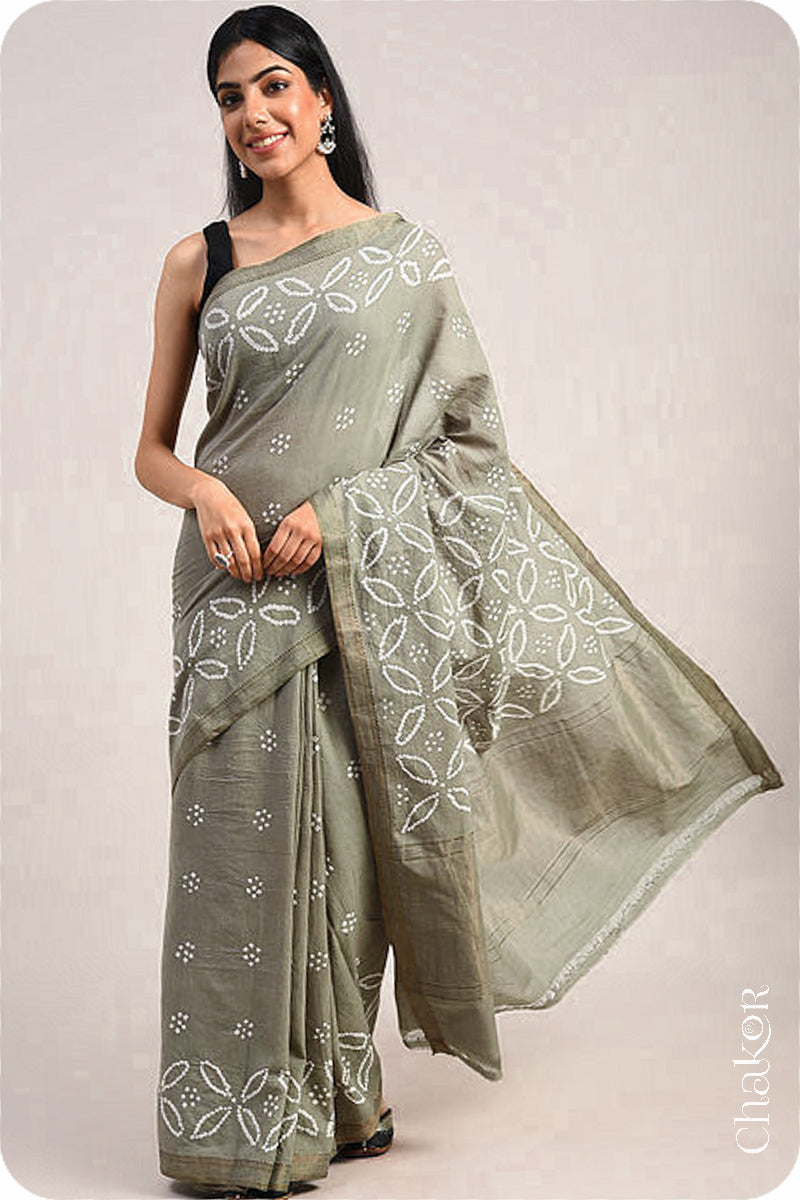 Cement Grey Traditional Bandhani Mangalgiri Cotton Saree with zari border and pallu by Chakor.