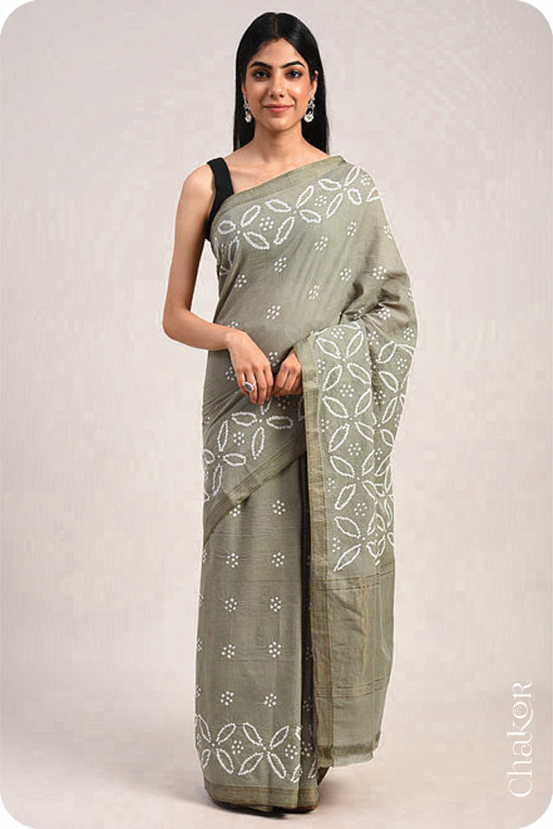 Cement Grey Traditional Bandhani Mangalgiri Cotton Saree with zari border and pallu by Chakor.