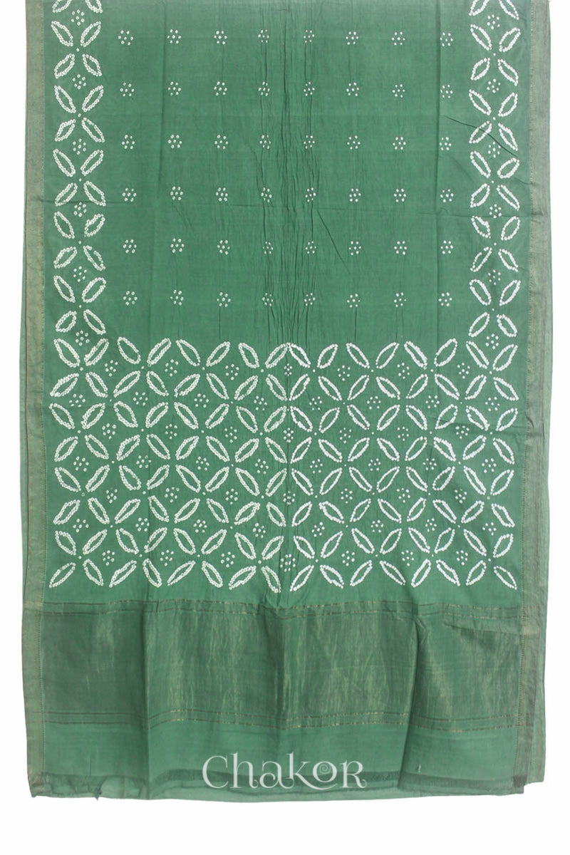 Moss Green Traditional Bandhani Mangalgiri Cotton Saree with zari border and pallu by Chakor.