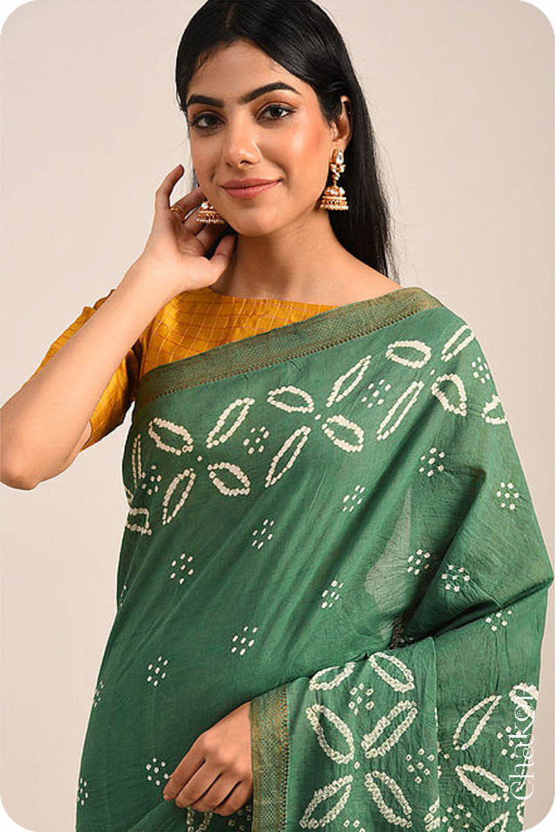 Moss Green Traditional Bandhani Mangalgiri Cotton Saree with zari border and pallu by Chakor.