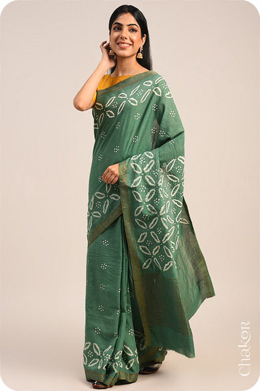 Moss Green Traditional Bandhani Mangalgiri Cotton Saree with zari border and pallu by Chakor.