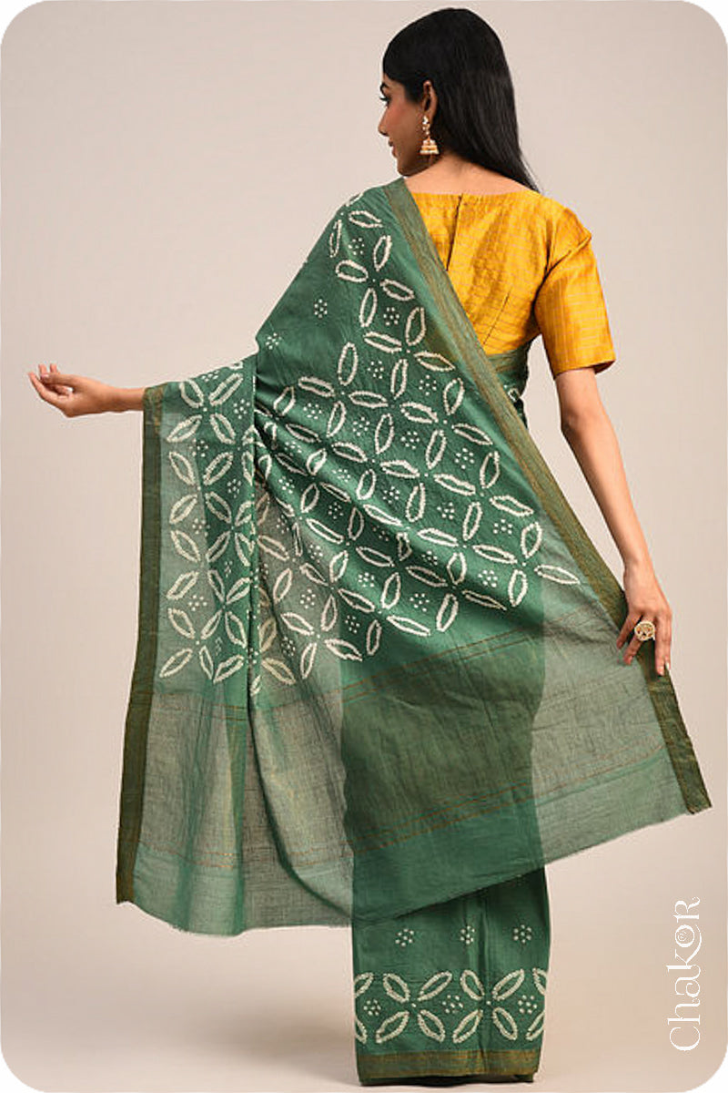 Moss Green Traditional Bandhani Mangalgiri Cotton Saree with zari border and pallu by Chakor.