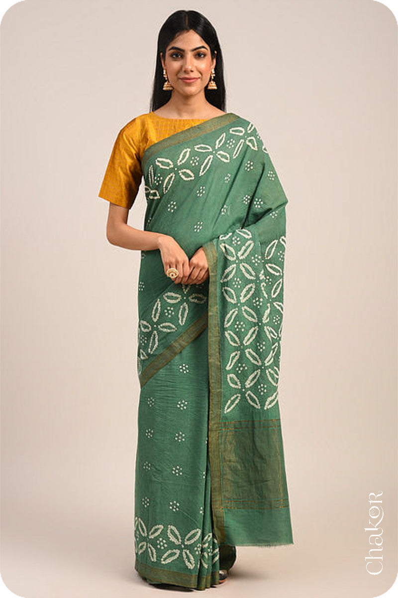 Moss Green Traditional Bandhani Mangalgiri Cotton Saree with zari border and pallu by Chakor.