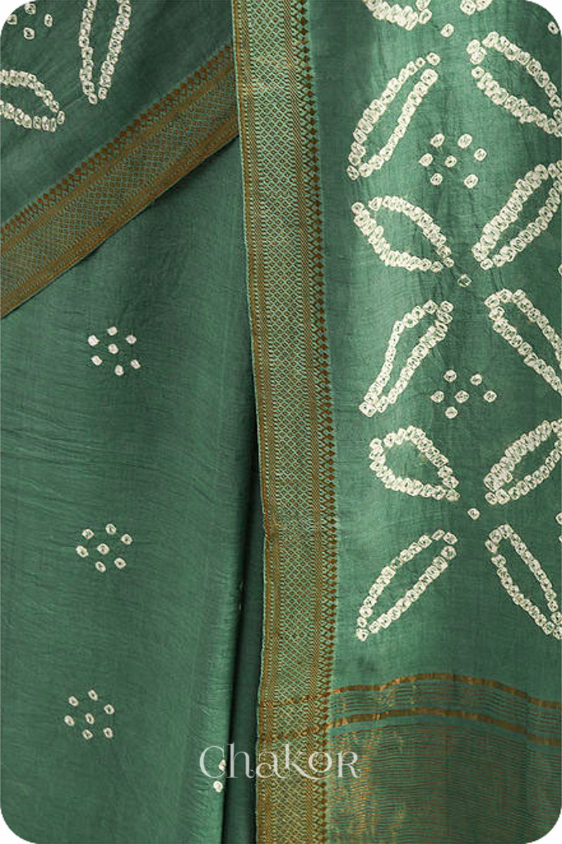 Moss Green Traditional Bandhani Mangalgiri Cotton Saree with zari border and pallu by Chakor.