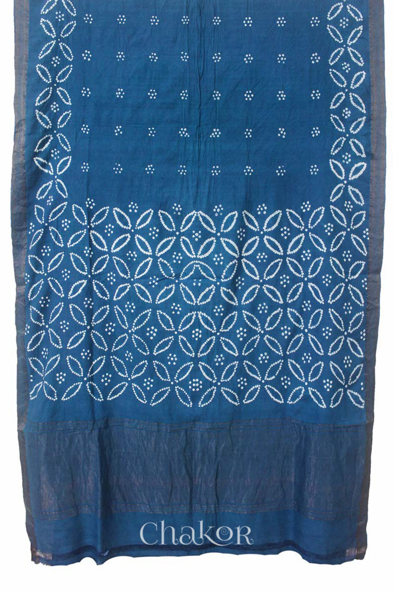 Indigo Blue Traditional Bandhani Mangalgiri Cotton Saree with zari border and pallu by Chakor.