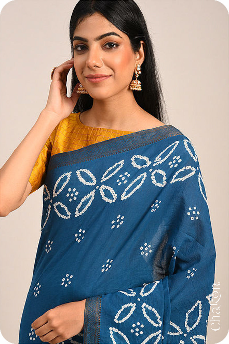 Indigo Blue Traditional Bandhani Mangalgiri Cotton Saree with zari border and pallu by Chakor.