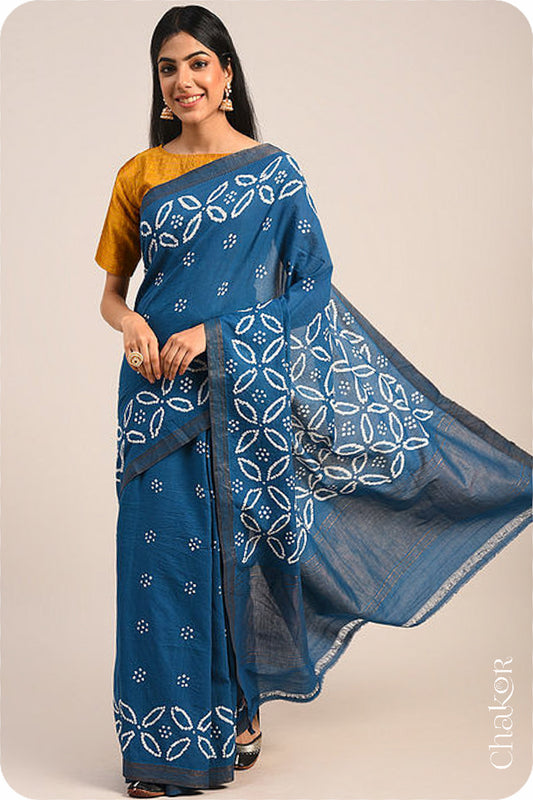 Indigo Blue Traditional Bandhani Mangalgiri Cotton Saree with zari border and pallu by Chakor.
