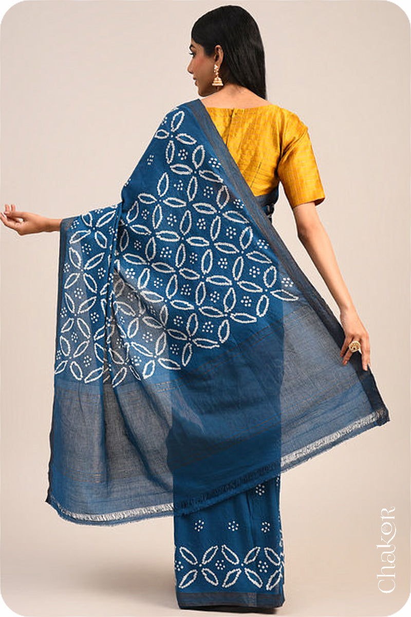 Indigo Blue Traditional Bandhani Mangalgiri Cotton Saree with zari border and pallu by Chakor.