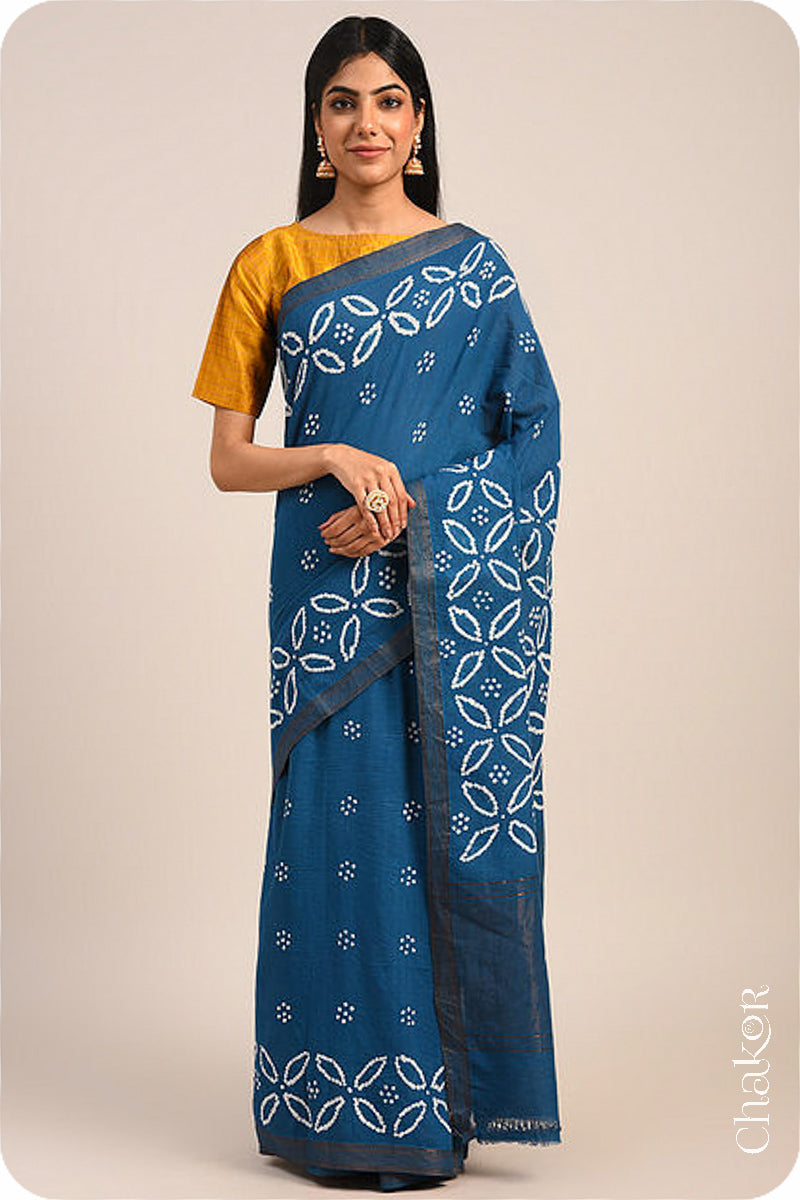 Indigo Blue Traditional Bandhani Mangalgiri Cotton Saree with zari border and pallu by Chakor.