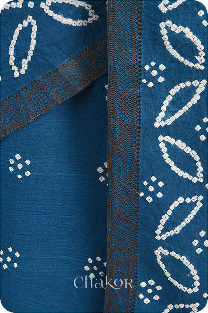 Indigo Blue Traditional Bandhani Mangalgiri Cotton Saree with zari border and pallu by Chakor.