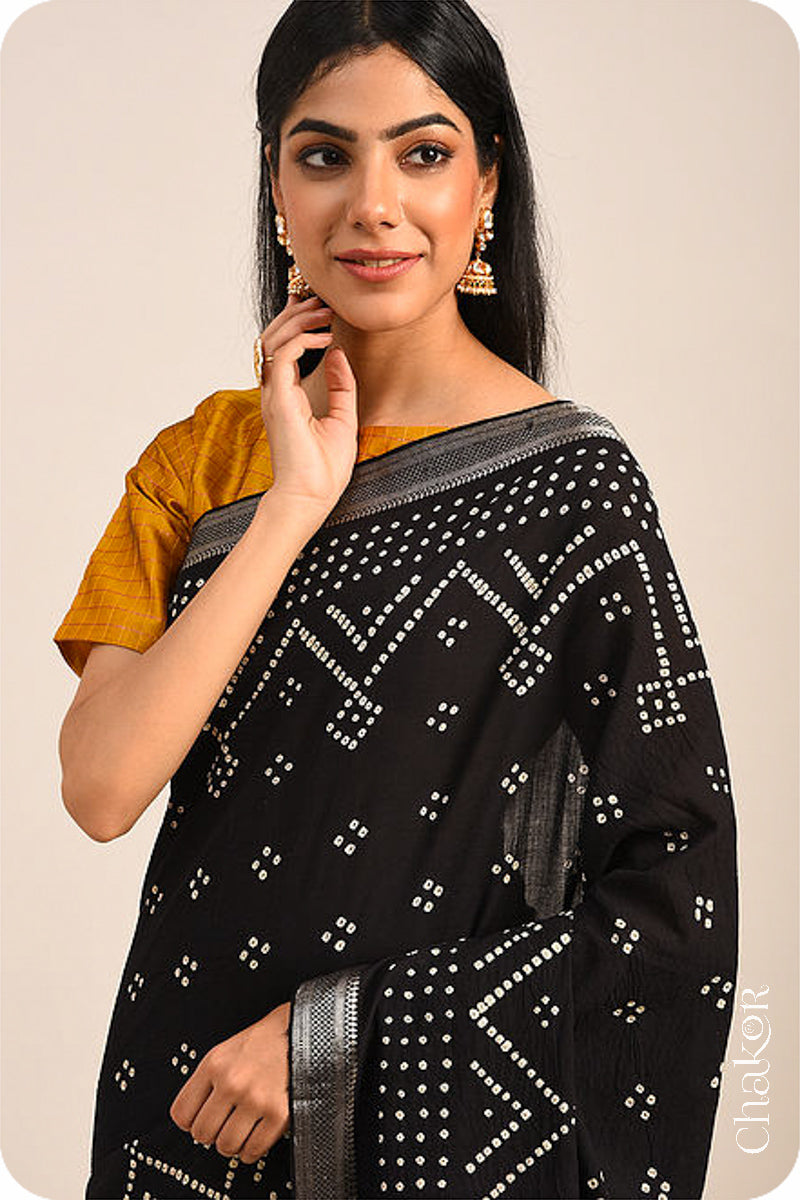 Black Bandhani Mangalgiri Cotton Saree with zari border and pallu by Chakor.