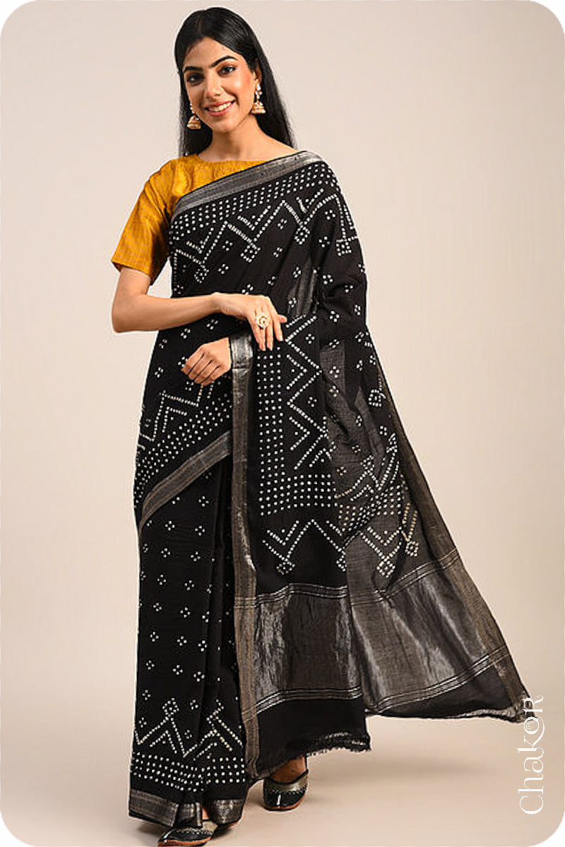 Black Bandhani Mangalgiri Cotton Saree with zari border and pallu by Chakor.