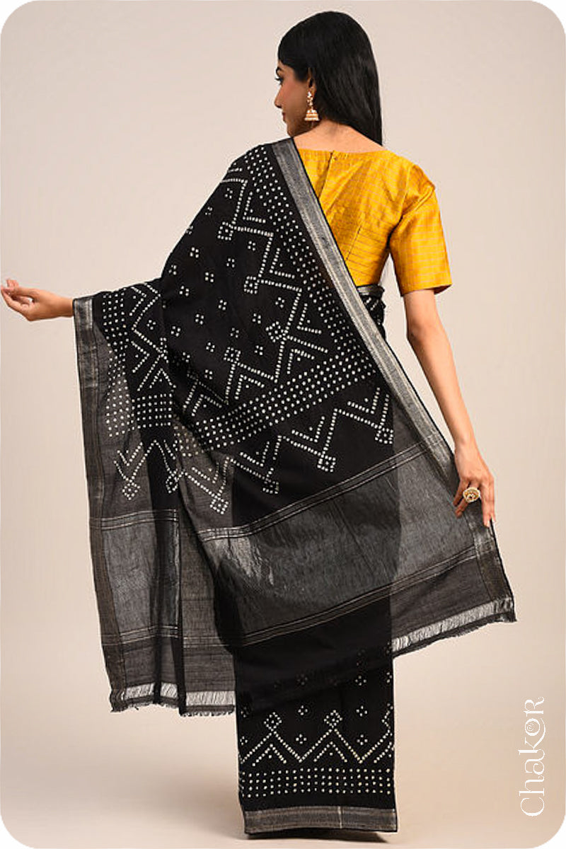 Black Bandhani Mangalgiri Cotton Saree with zari border and pallu by Chakor.