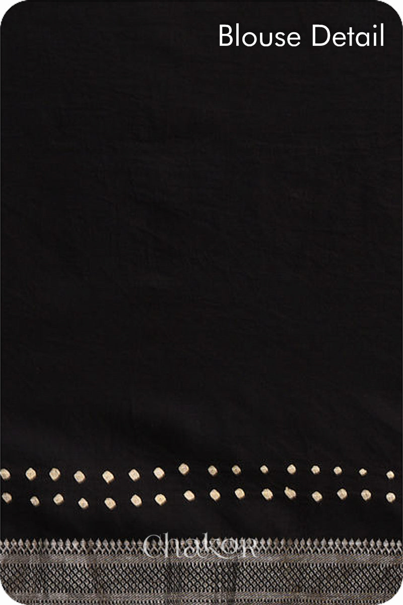 Black Bandhani Mangalgiri Cotton Saree with zari border and pallu by Chakor.