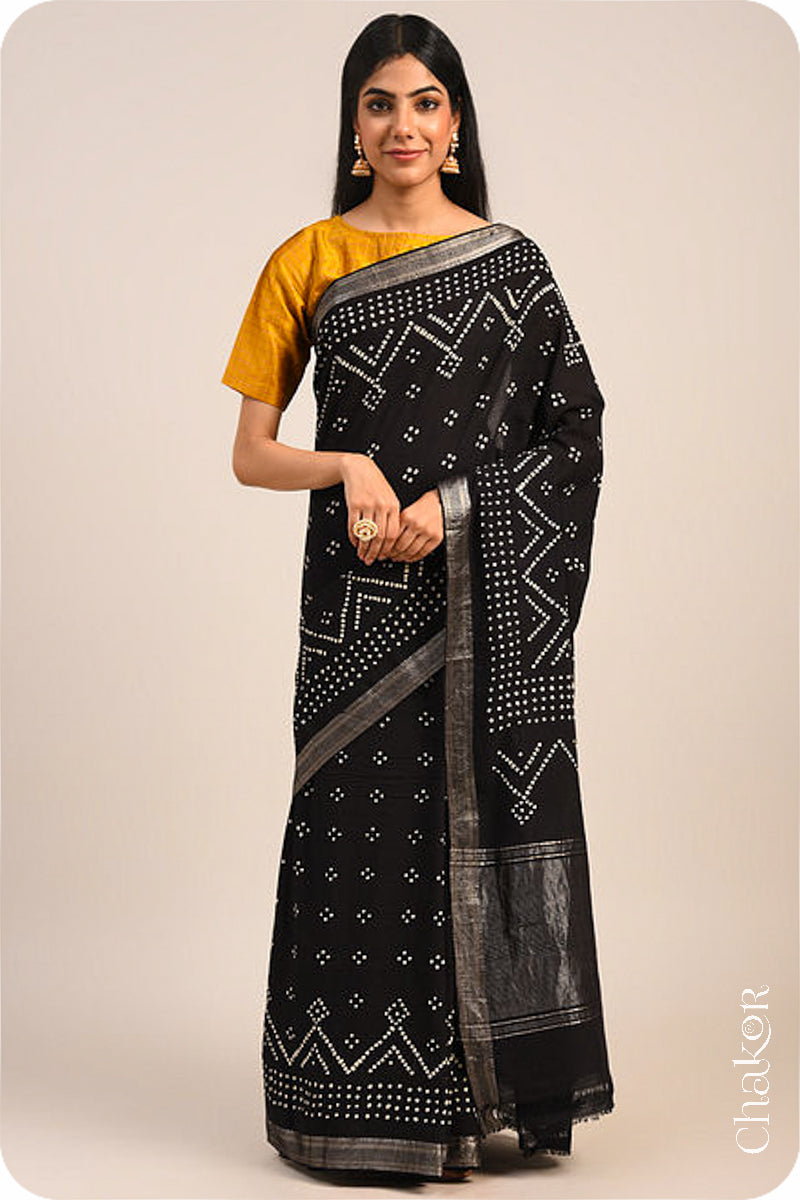 Black Bandhani Mangalgiri Cotton Saree with zari border and pallu by Chakor.