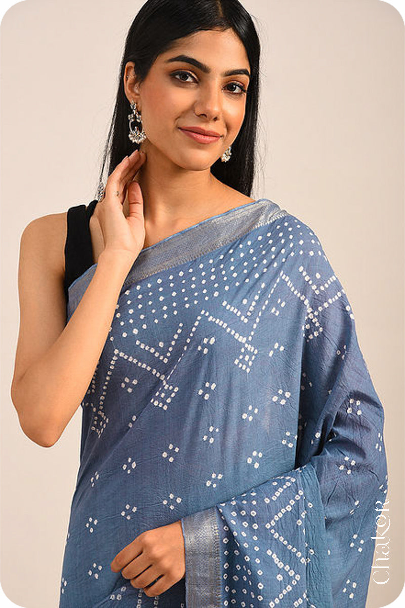 Grey Traditional Bandhani Mangalgiri Cotton Saree with zari border and pallu by Chakor.