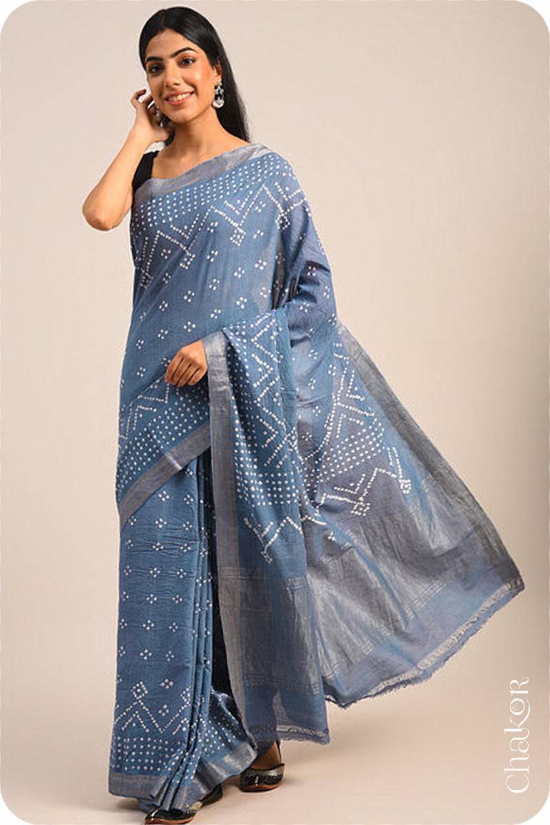 Grey Traditional Bandhani Mangalgiri Cotton Saree with zari border and pallu by Chakor.