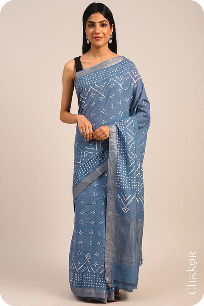 Grey Traditional Bandhani Mangalgiri Cotton Saree with zari border and pallu by Chakor.