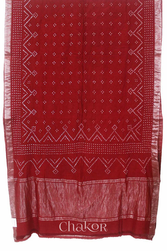 Red Traditional Bandhani Mangalgiri Cotton Saree with zari border and pallu by Chakor.