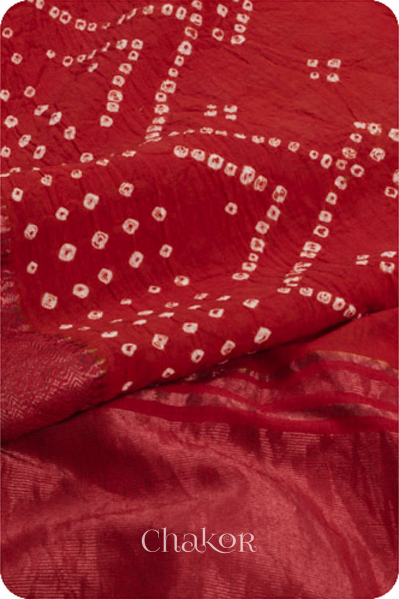 Red Traditional Bandhani Mangalgiri Cotton Saree with zari border and pallu by Chakor.