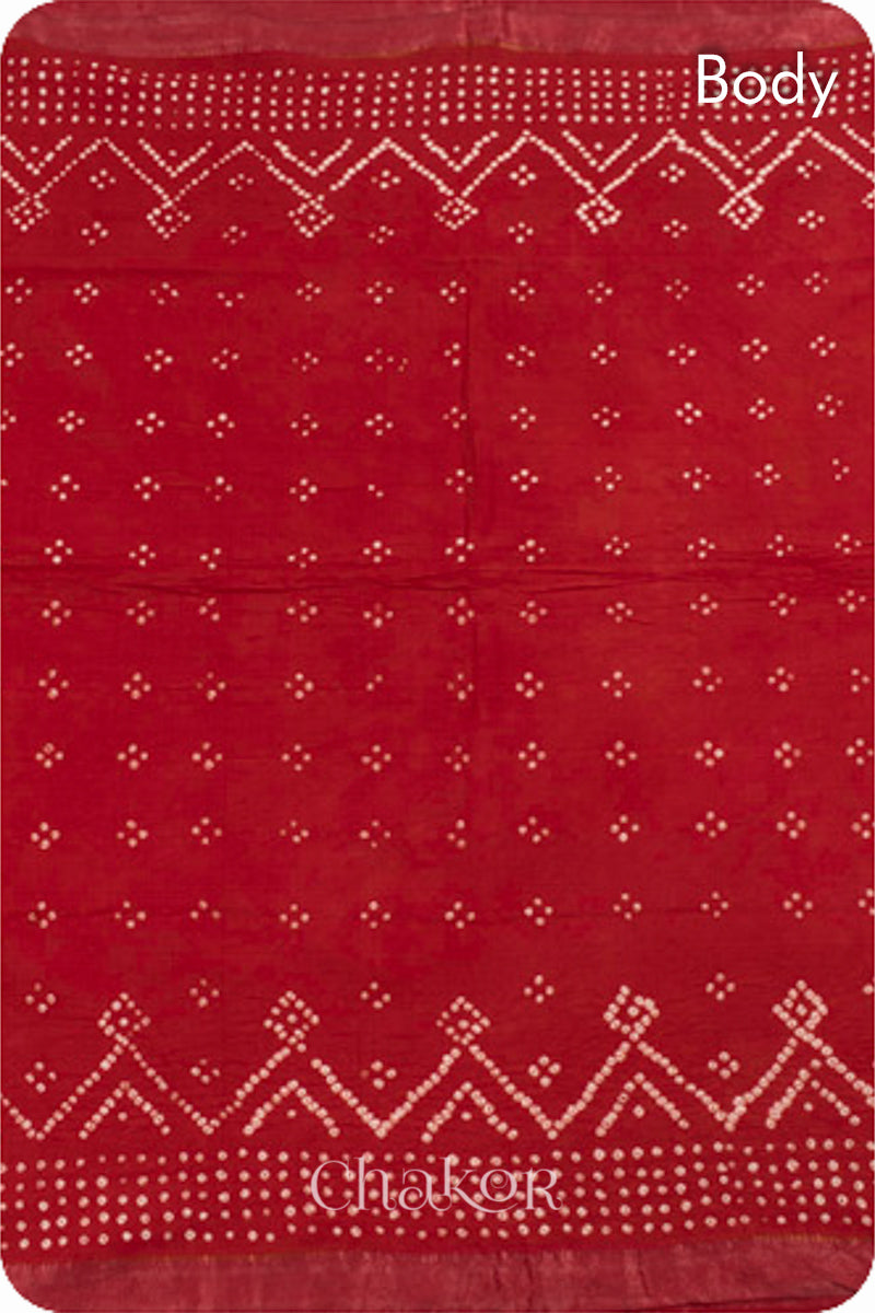 Red Traditional Bandhani Mangalgiri Cotton Saree with zari border and pallu by Chakor.