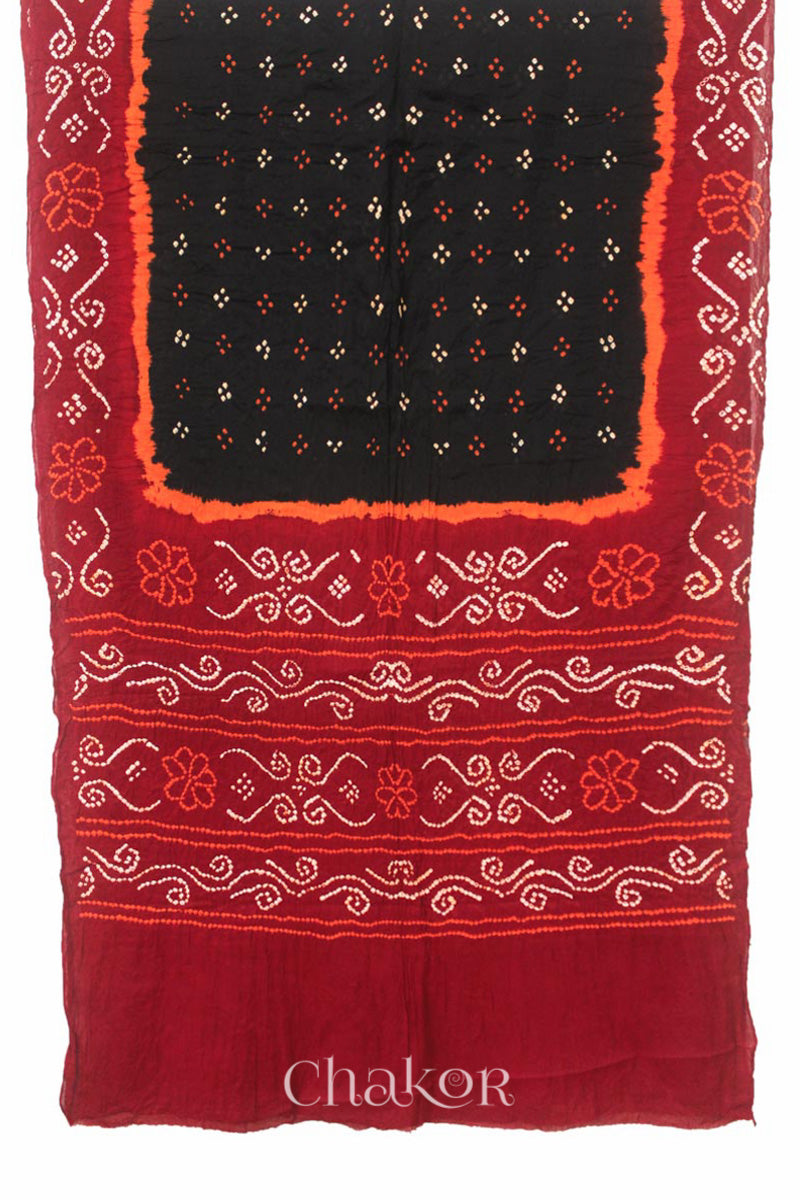 Traditional Black Red Bandhani Mul Cotton Saree by Chakor.