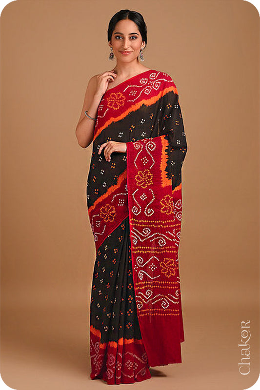 Traditional Black Red Bandhani Mul Cotton Saree by Chakor.