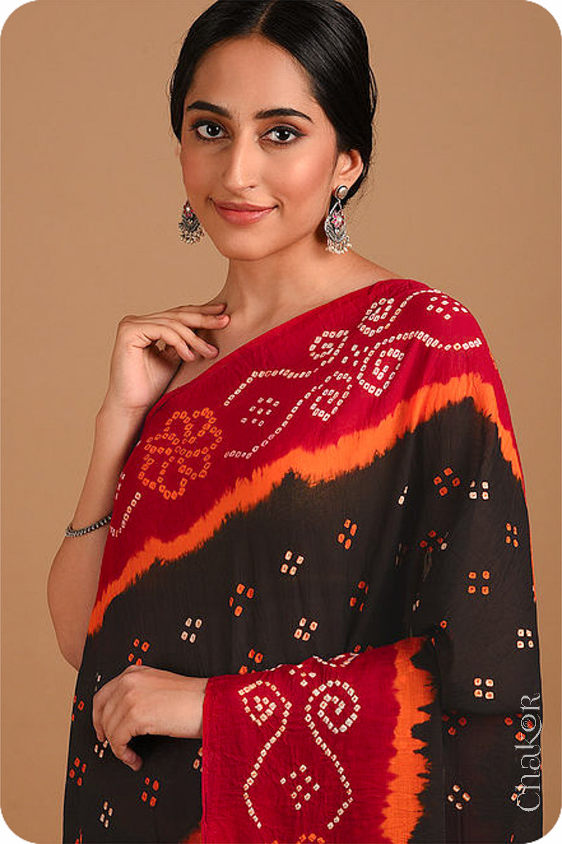 Traditional Black Red Bandhani Mul Cotton Saree by Chakor.