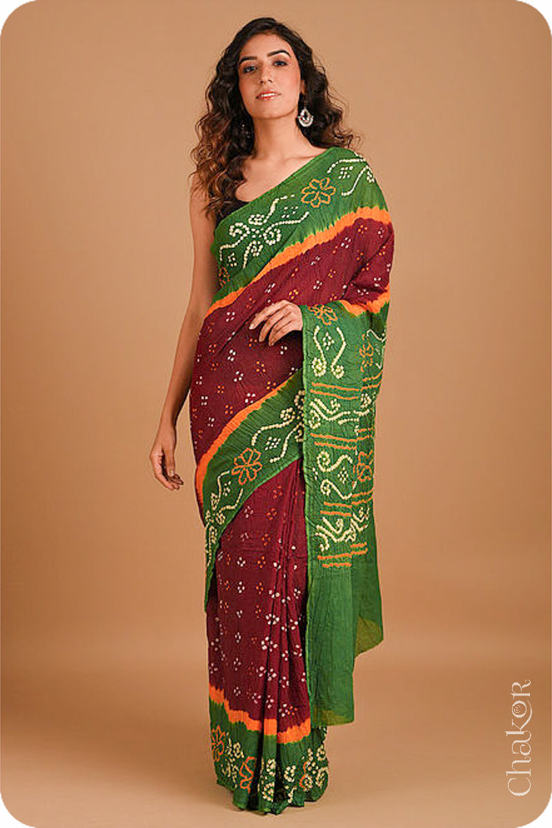 Traditional Maroon Mehendi Green Bandhani Mul Cotton Saree by Chakor.