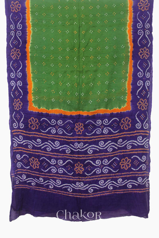 Traditional Mehendi Green Purple Bandhani Mul Cotton Saree by Chakor.