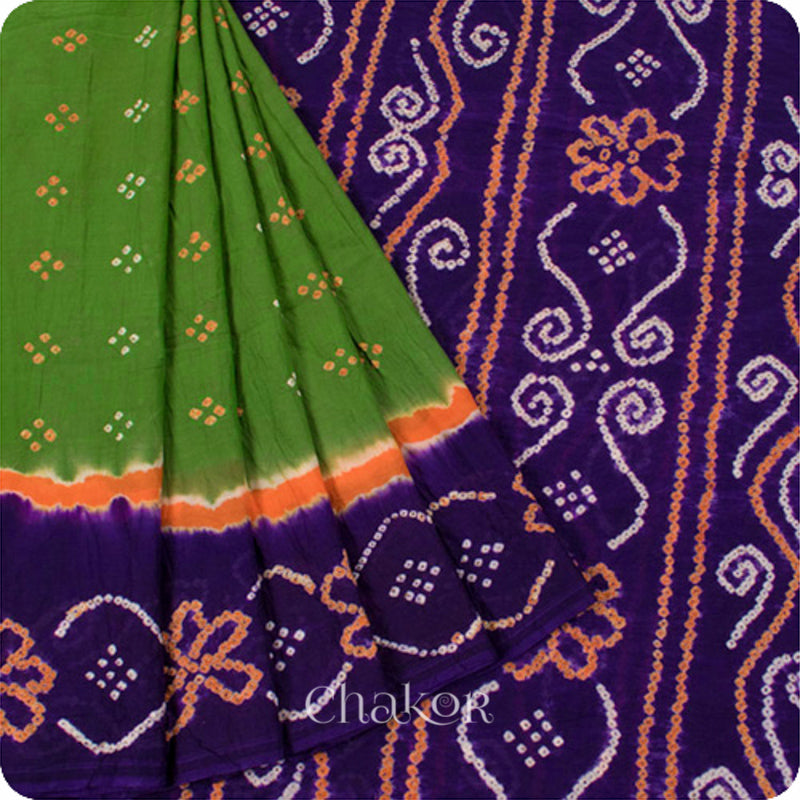 Traditional Mehendi Green Purple Bandhani Mul Cotton Saree by Chakor.