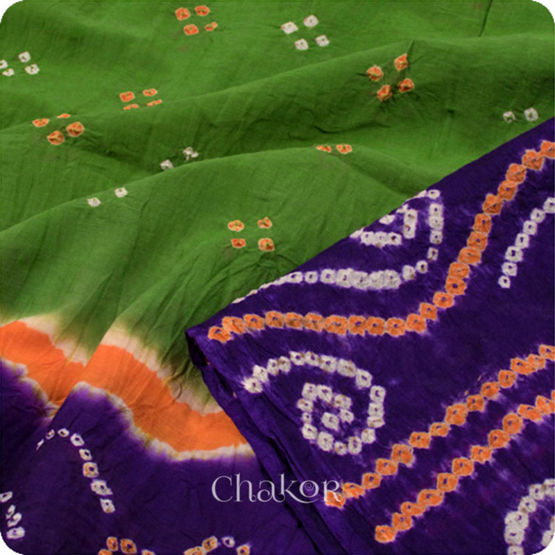 Traditional Mehendi Green Purple Bandhani Mul Cotton Saree by Chakor.