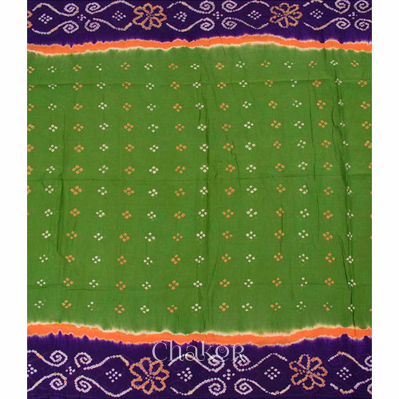 Traditional Mehendi Green Purple Bandhani Mul Cotton Saree by Chakor.